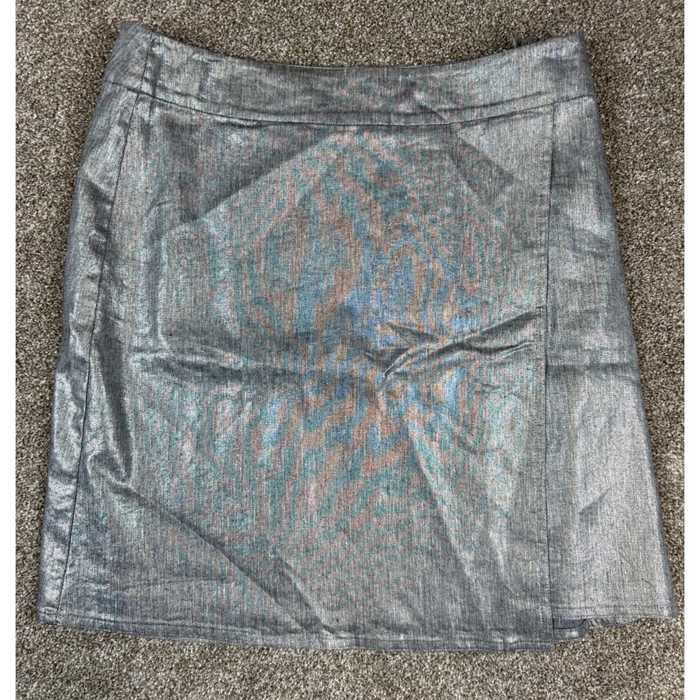 Eileen Fisher Silver Mini Skirt, Faux Wrap, Linen, Small. SAME DAY SHIPPING!